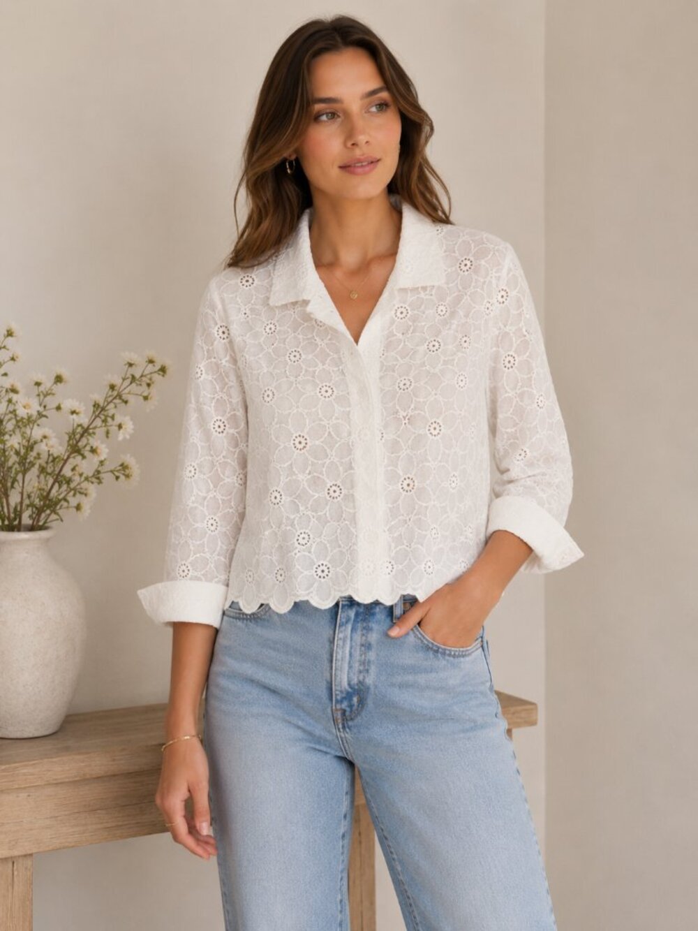 Womens White Eyelet Button-Down Shirt